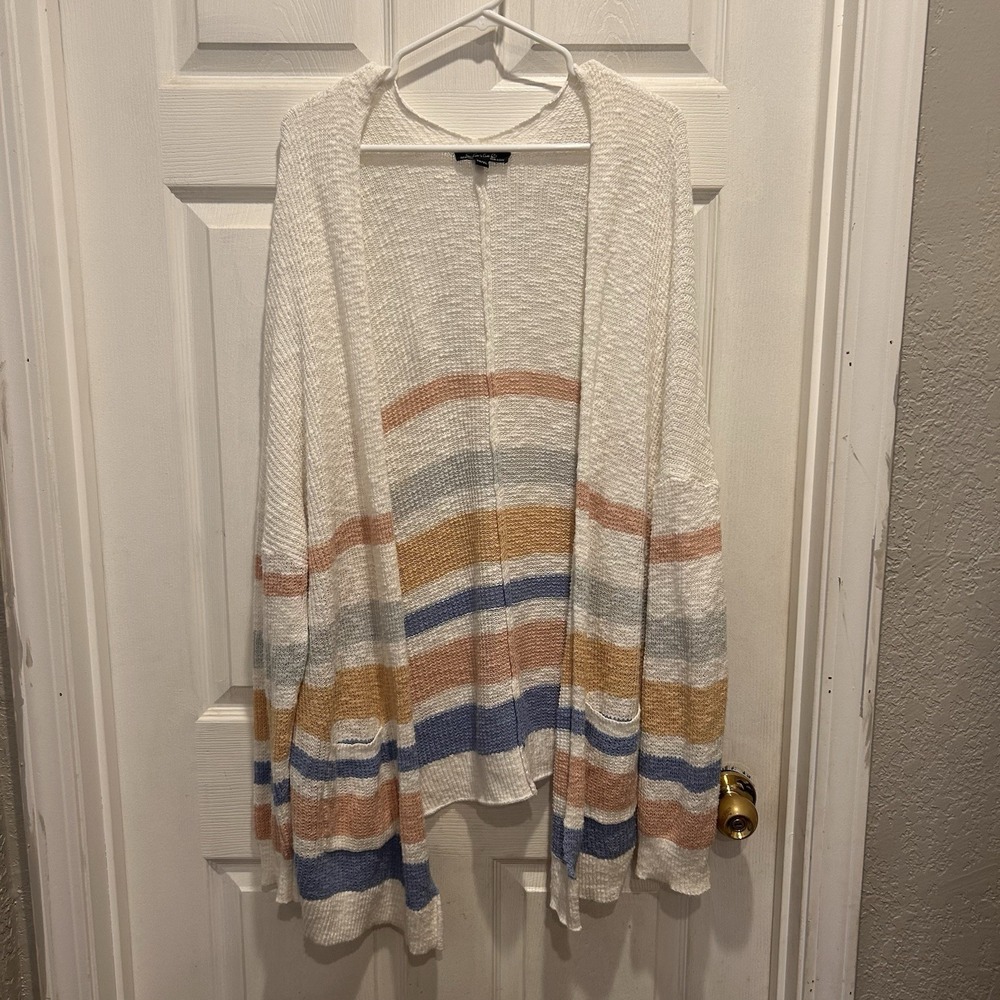 Charlie B XL White Striped Cotton Open Front Cardigan Sweater Coastal Beachy